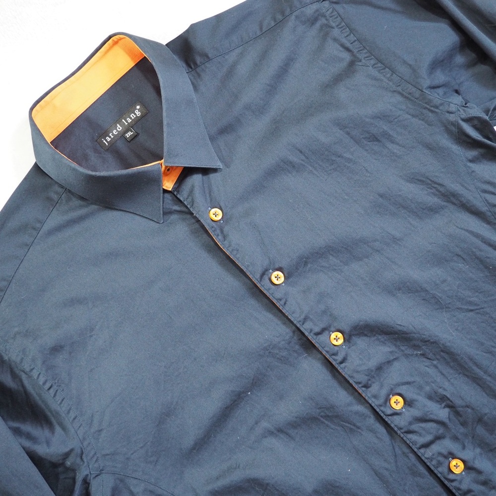Jared Lang Sz 2XL Navy Dress Shirt with Orange Accents 100% Cotton